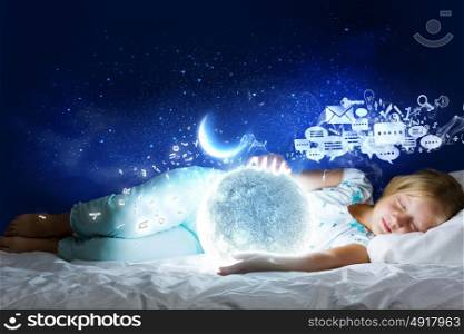 Good night. Girl lying in bed with moon in hands