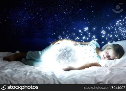 Good night. Girl lying in bed with moon in hands