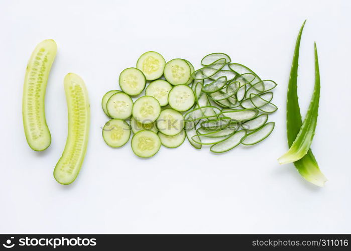 Good skin care and healthy with natural ingredients aloe vera and cucumbers isolated on white background.