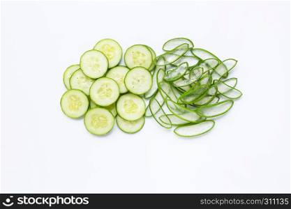 Good skin care and healthy with natural ingredients aloe vera and cucumbers isolated on white background.