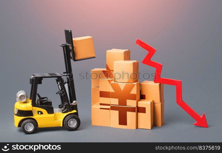 Goods boxes with chinese yen or japanese yuan symbol and red down arrow. Trade and transport industry revenue drop. Industrial production decline. Import export. Fall of economy, economic difficulties. Goods boxes with chinese yuan or japanese yen symbol and red down arrow. Trade and transport industry revenue drop. Industrial production decline. Import export. Fall of economy, economic difficulties