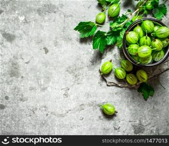 Gooseberries and leaves in a mug. On the stone table.. Gooseberries and leaves in a mug. On stone table.