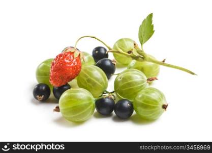gooseberries, currants and strawberries isolated on white