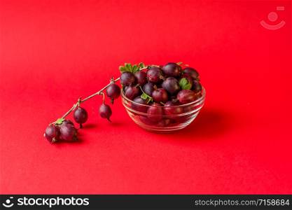 Gooseberries in a glass on a red background. Organic fruits. Gooseberries in a glass on a red background