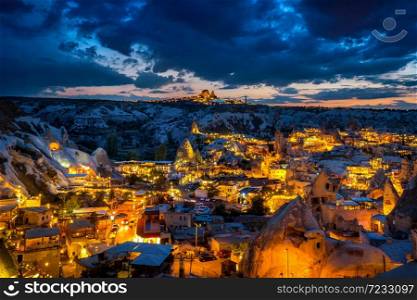 Goreme town at twilight in Cappadocia, Turkey.