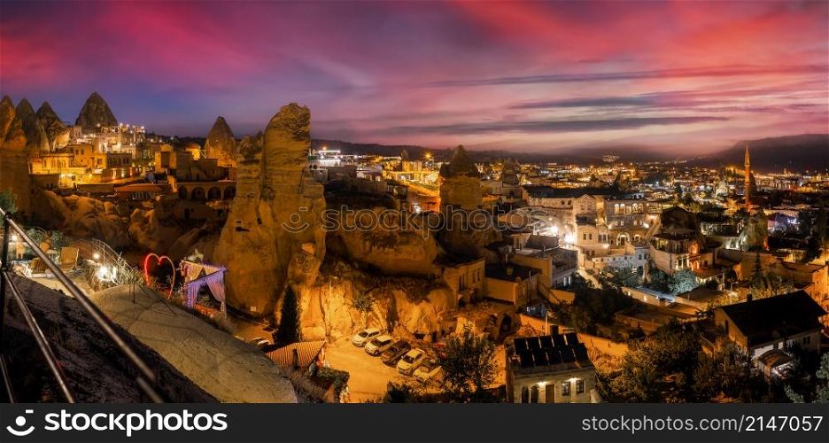 Goreme town on sunset in Cappadocia, Central Anatolia,Turkey