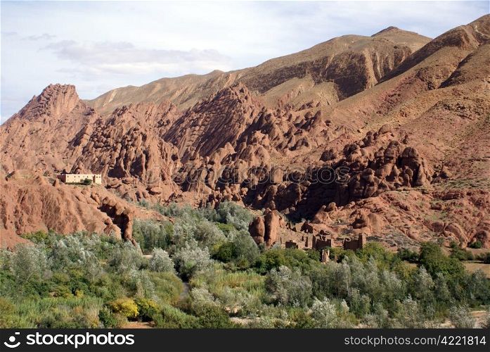 Gorge and casbah in mountain, Morocco