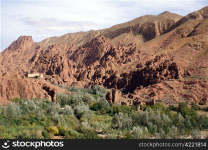 Gorge and casbah in mountain, Morocco