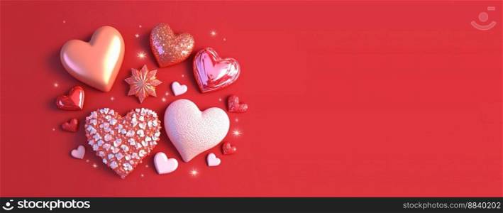 Gorgeous 3D Heart Shape, Diamond, and Crystal Illustration for Valentine&rsquo;s Day Banner