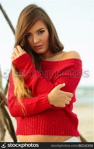 Gorgeous attractive young woman in summer.. Beauty of women. Portrait of gorgeous girl with long hair blowing on wind. Attractive and fashion woman on beach.