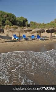 gorgeous beach view in Costa del Sol (Marbella) with umbrellas and chairs, Spain