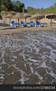 gorgeous beach view in Costa del Sol (Marbella) with umbrellas and chairs, Spain