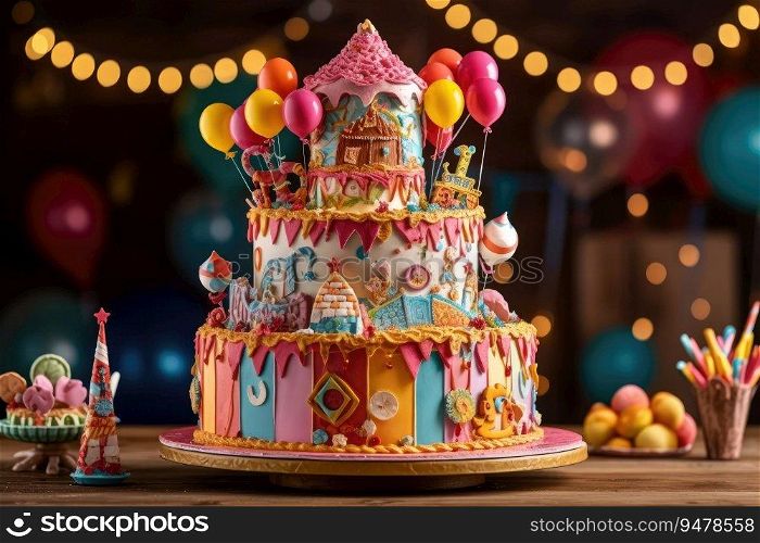 Gorgeous birthday cake for children. With colorful sweets. Generative AI