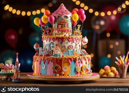 Gorgeous birthday cake for children. With colorful sweets. Generative AI