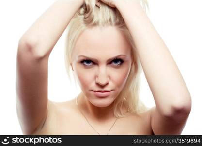 gorgeous blonde looking at the camera, over white background