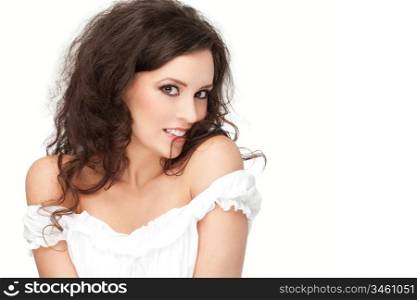 gorgeous brunette posing, over white background, studio shot