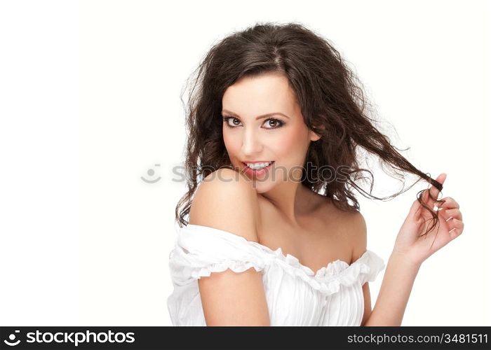 gorgeous brunette posing, over white background, studio shot