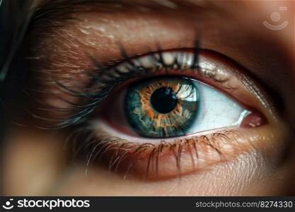 Gorgeous close-up of a young woman’s eye in stunning blue color. Macro view of the pupil and iris with focus on the beautiful skin. Perfect for beauty and skin care photography. AI Generative.