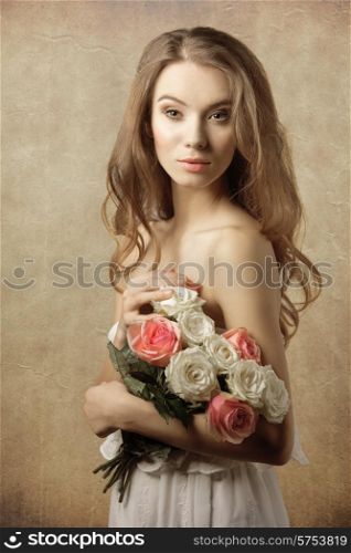Gorgeous, natural, pretty, young girl in white retro dress, romantic hairstyle is holding bouquet of flower.