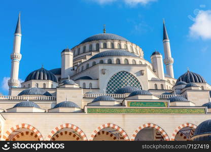 Gorgeous new mosque of Istanbul, the Camlica Mosque, facade view.. Gorgeous new mosque of Istanbul, the Camlica Mosque, facade view