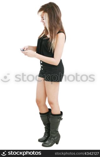 Gorgeous professional woman typing a text sms message on her mobile phone on a white background