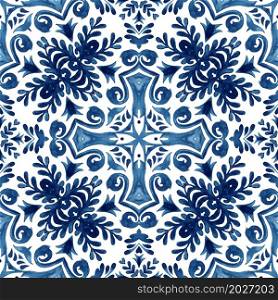 Gorgeous seamless abstract ornamental watercolor arabesque pattern. Portuguese style ceramic tile design. Gorgeous seamless mediterranean background seamless pattern. Decoartive mosaic ceramic design