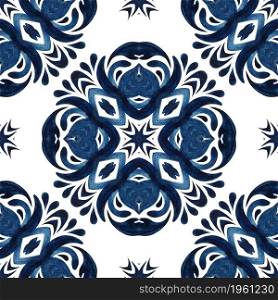 Gorgeous seamless blue floral watercolor pattern oriental tiles cross ornament. Portuguese style ceramic tile design print. Seamless pattern handdrawn watercolor ornament blue and white with floral elements