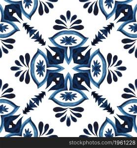 Gorgeous seamless blue floral watercolor pattern oriental tiles Turkish ornament. Portuguese style ceramic tile design. Azulejo spanish tile. Gorgeous seamless blue floral watercolor pattern oriental tiles fabric design. Turkish ornament