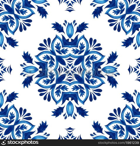 Gorgeous seamless blue portuguese tile design. Ceramic mosaic print with florals. Abstract blue and white hand drawn tile seamless ornamental watercolor paint pattern.