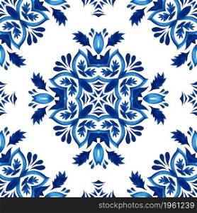 Gorgeous seamless blue portuguese tile design. Ceramic mosaic print with florals. Abstract blue and white hand drawn tile seamless ornamental watercolor paint pattern.