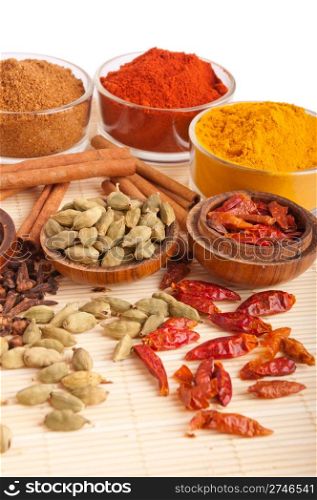 gorgeous setting with cooking spices and herbs (cloves, cardamom pods, cinnamon sticks, garam masala, paprika, piri piri, turmeric) on a wooden mat (isolated on white background)