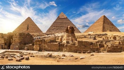 Gorgeous Sphinx in front of the Giza Pyramids, famous Wonder of the World, Egypt.