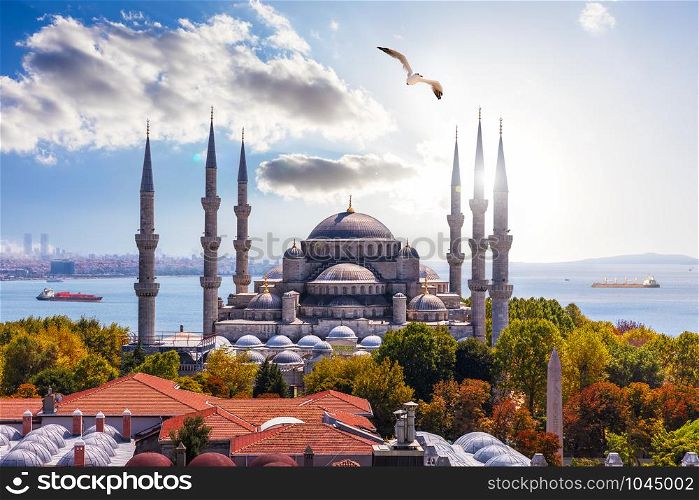 Gorgeous Sultan Ahmet Mosque in Istanbul and the Bosporus on the background.. Gorgeous Sultan Ahmet Mosque in Istanbul and the Bosporus on the background