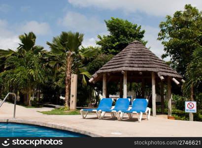 gorgeous swimming pool area with chairs and big umbrella or bungalow on a tropical resort (surrounded by palm trees)