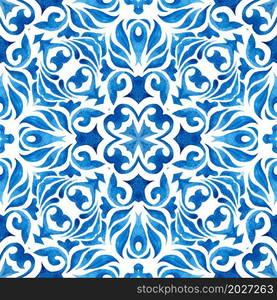 Gorgeous texture background. Portuguese kafel wall in classic style. Watercolor paint ceramic tile. Abstract blue and white hand drawn textured tile seamless ornamental watercolor pattern.