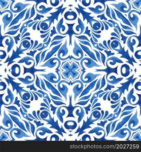 Gorgeous texture background. Portuguese style tiles in classic style. Watercolor paint damask. Blue damask seamless ornamental watercolor arabesque paint tile.