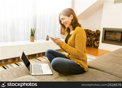 Gorgeous young woman at home working with a laptop and texting