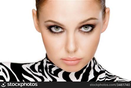 gorgeous young woman posing in zebra pattern outfit