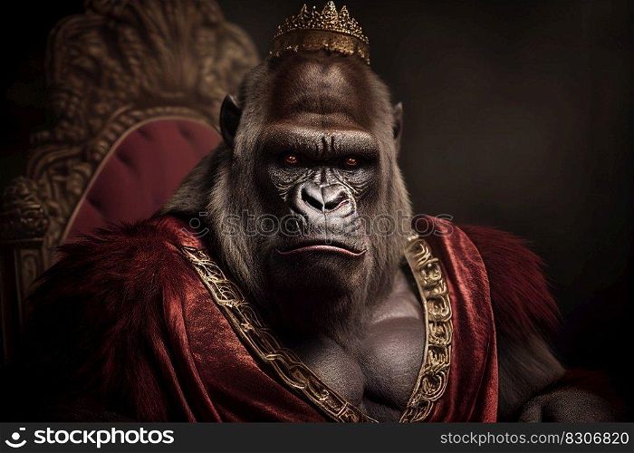 Gorilla king in royal robe and crown on throne. AI generative illustration. 
