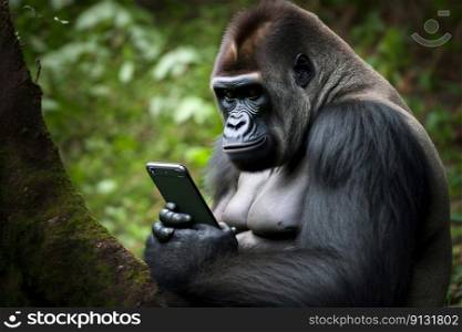 Gorilla monkey looking at smartphone. Generative AI. High quality illustration. Gorilla monkey looking at smartphone. Generative AI