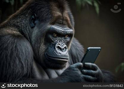 Gorilla monkey looking at smartphone. Generative AI. High quality illustration. Gorilla monkey looking at smartphone. Generative AI
