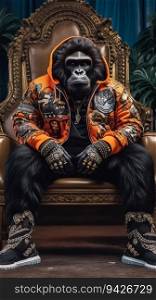 Gorilla Wearing Large Hip-Hop Clothes from 1980s and Sneakers. Generative ai. High quality illustration. Gorilla Wearing Large Hip-Hop Clothes from 1980s and Sneakers. Generative ai