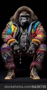 Gorilla Wearing Large Hip-Hop Clothes from 1980s and Sneakers. Generative ai. High quality illustration. Gorilla Wearing Large Hip-Hop Clothes from 1980s and Sneakers. Generative ai