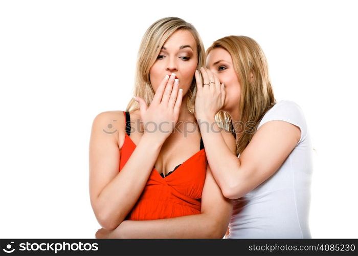 Gossip rumour woman telling secrets to your girlfriend, secrets spreading over white background
