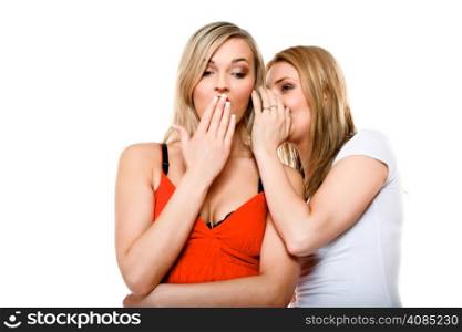 Gossip rumour woman telling secrets to your girlfriend, secrets spreading over white background