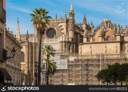 Gothic building of the Cathedral of Saint Mary of the See (Seville Cathedral) in Seville, Andalusia, Spain.