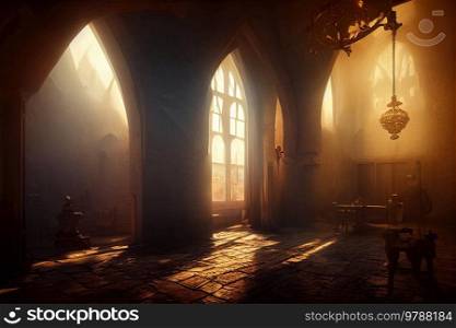 Gothic castle illustration, big hall interior with windows. Gothic castle illutration