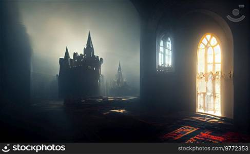 Gothic castle illustration, exterior at dark scary night with moonlight. Gothic castle illutration