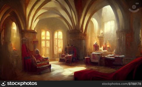 Gothic castle interior illustration, big hall interior with windows. Gothic castle illutration