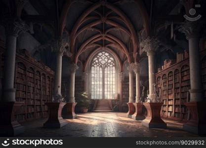 Gothic library with large steel beams and many books, digital illustration painting, Generative AI
